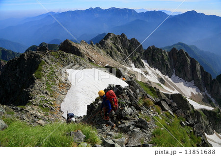 剱岳山頂から登山者と八ツ峰・後立山連峰 13851688