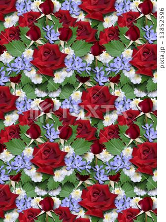 Background  from bouquet of red roses with asters  and  periwinkle 13852596