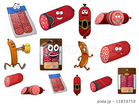 Cartoon wurst, sausage and salami characters Cartoon wurst, sausage and salami characters 13859759