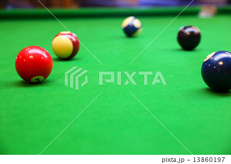 Snooker ball on snooker table, Snooker or Pool game on green table, International sport. 13860197
