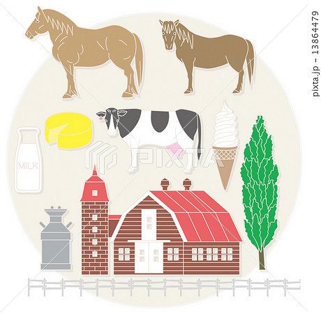 農場と乳製品と牛 北海道のイラスト素材