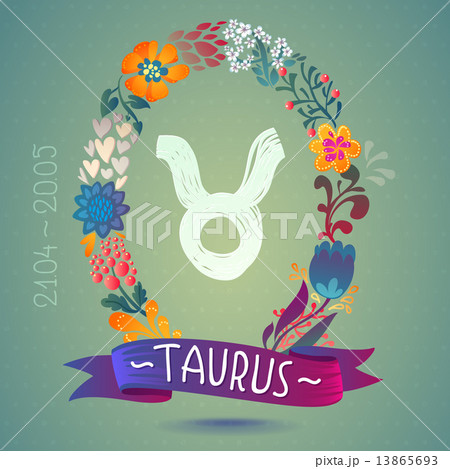 Zodiac sign TAURUS, in sweet floral wreath. Horoscope sign, flowers, leaves and ribbon 13865693