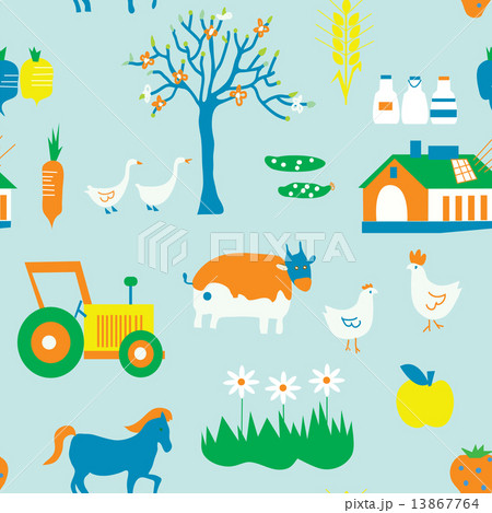 Agriculture seamless pattern with trees, animals Agriculture seamless pattern with trees, animals 13867764
