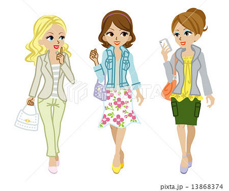 女性 3人 歩く 春服のイラスト素材