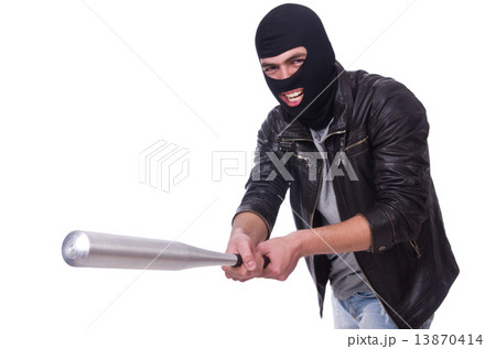 Male hooligan with bat on white 13870414