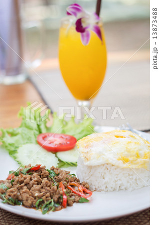 Thai spicy food basil pork fried rice with fried egg 13873488