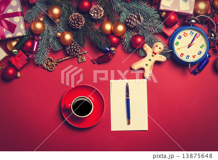 Coffee and letter with christmas gifts on red background. Coffee and letter with christmas gifts on red background. 13875648