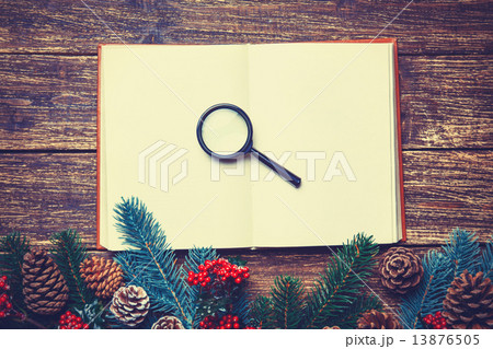 Retro book and loupe near pine branches on a table. Retro book and loupe near pine branches on a table. 13876505