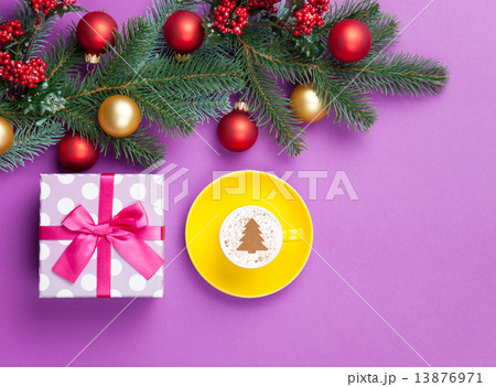 cappuccino and christmas tree shape with gift box cappuccino and christmas tree shape with gift box 13876971