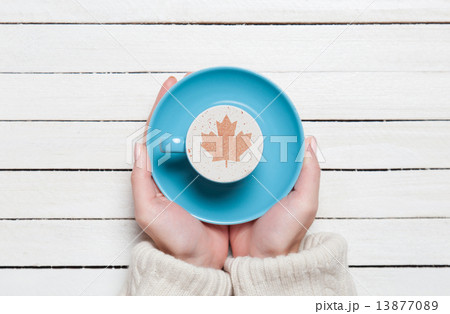 Female hands holding cup of coffee on wooden table. Female hands holding cup of coffee on wooden table. 13877089