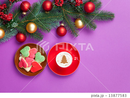cappuccino and christmas tree shape with cookie 13877583