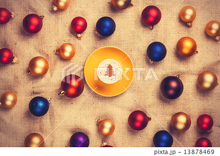 cappuccino and with red, blue and gold christmas balls cappuccino and with red, blue and gold christmas balls 13878469