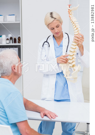 Doctor explaning spine model to patient in hospital 13882981