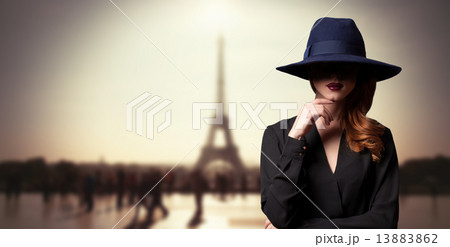 Style women in hat and parisian background Style women in hat and parisian background 13883862