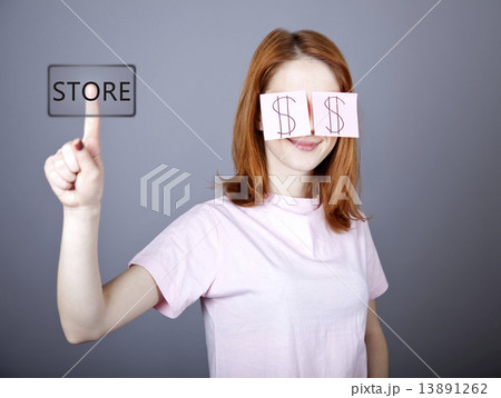 Girl with dollars symbol on eyes. Girl with dollars symbol on eyes. 13891262
