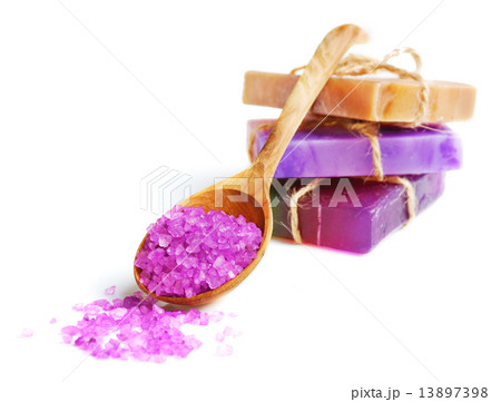 Spa setting with natural soap and sea salt Spa setting with natural soap and sea salt 13897398
