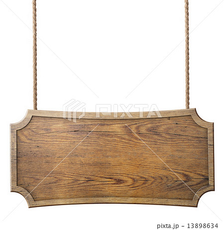 wood sign hanging on rope isolated on white background 13898634