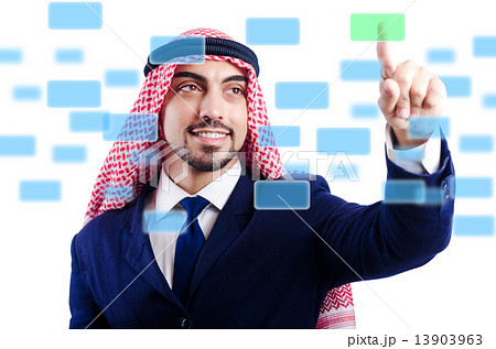 Arab man pressing virtual buttons Arab man pressing virtual buttons 13903963
