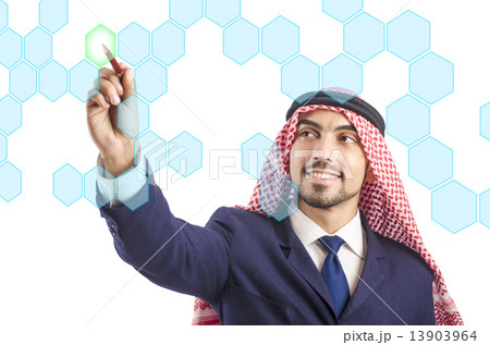Arab man pressing virtual buttons Arab man pressing virtual buttons 13903964