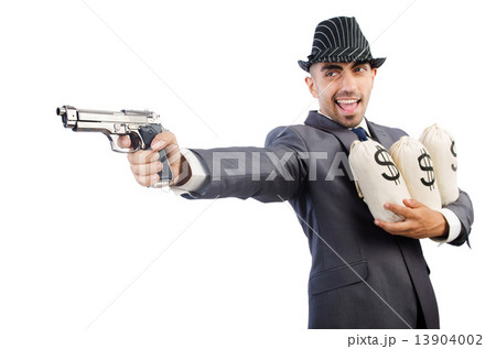 Man with gun and money sacks 13904002