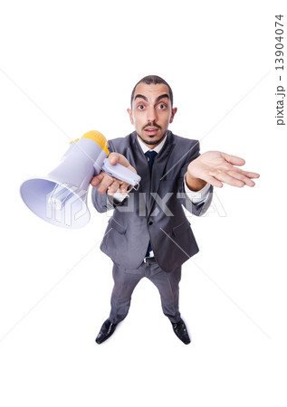 Young businessman with loudspeaker on white Young businessman with loudspeaker on white 13904074