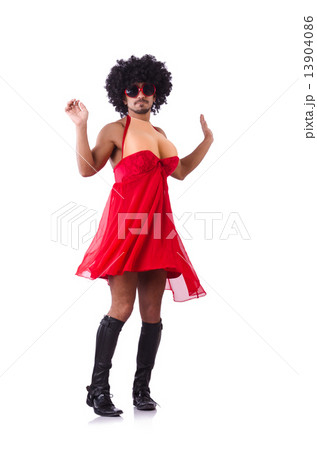 Man wearing woman clothing on white Man wearing woman clothing on white 13904086