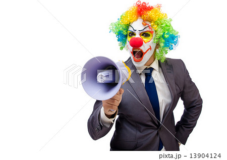 Businessman clown with loudspeaker on white Businessman clown with loudspeaker on white 13904124