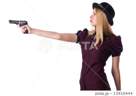 Woman gangster with handgun on white 13910444