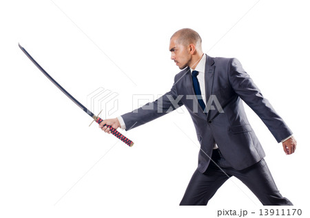 Businessman with sword isolated on white Businessman with sword isolated on white 13911170
