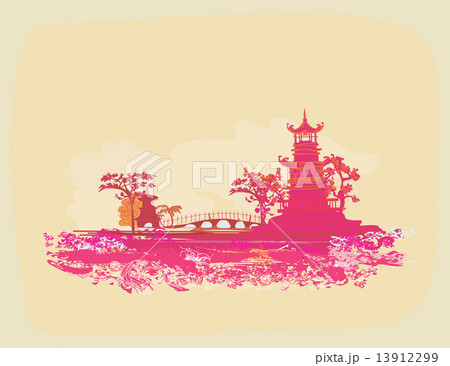 old paper with Japanese temple on abstract Asian Landscape old paper with Japanese temple on abstract Asian Landscape 13912299