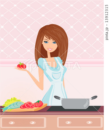 Beautiful lady cooking fish soup 13912315