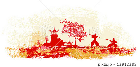 Fighting Samurai silhouette on abstract Asian Landscape 13912385