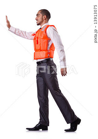 Man in life jacket isolated on white 13913075