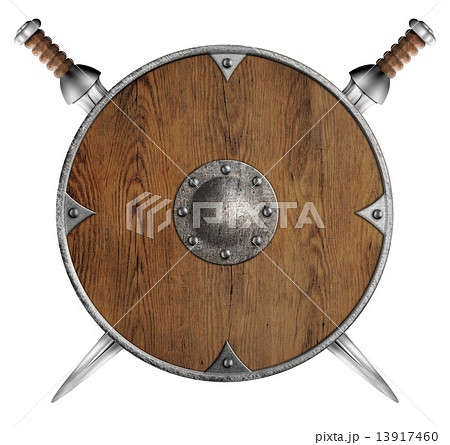 old wooden round shield and two crossed swords isolated old wooden round shield and two crossed swords isolated 13917460