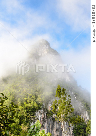 Lush high mountains covered by mist Lush high mountains covered by mist 13918783