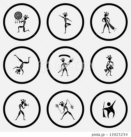 abstract ethnic little man as shaman, as yogi, with trumpet, dan 13925254