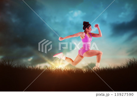 Composite image of fit brunette running and jumping Composite image of fit brunette running and jumping 13927590