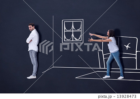 Composite image of brunette reaching desperately for man Composite image of brunette reaching desperately for man 13928473