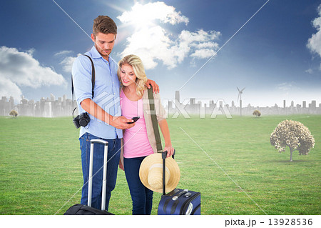Composite image of attractive young couple ready to go on vacati 13928536