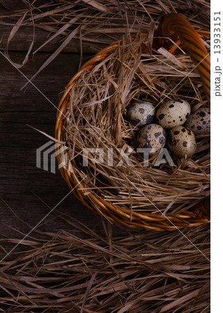 quail eggs in straw basket on rustic wooden background  13933151