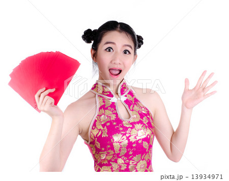 Surprise pretty chinese young woman holding red bags for happy c 13934971