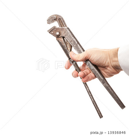 Steel screw wrench in male hand isolated on white 13936846