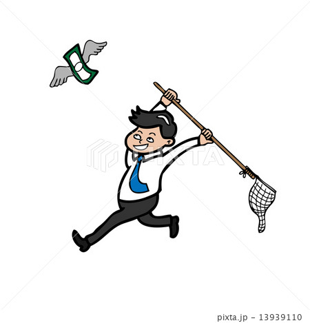 Businessman catching flying bank note by net 13939110