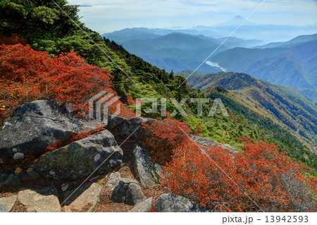 奥秩父　破風山の登りの紅葉と富士山遠望 13942593