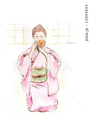 女性 和服 着物 正座 おもてなし お抹茶 茶道 桃色 ピンク 結う 障子 和室 茶室 たたず のイラスト素材
