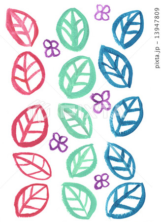 赤色と緑色と青色の手描きリーフ 13947809