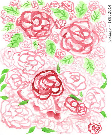 赤いバラと緑の葉っぱの手描き水彩テクスチャのイラスト素材