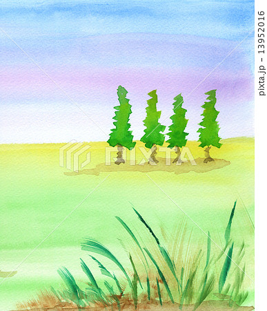 水彩画で優しいグラデーションのある空と草原のイラスト素材