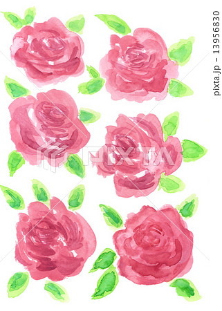 優しい赤色バラと緑の葉っぱの手描き水彩花のイラスト素材