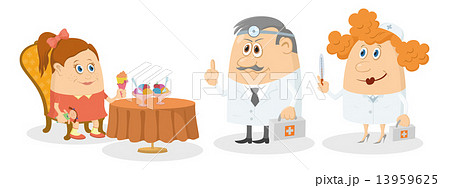 Girl near table with ice-cream and doctors Girl near table with ice-cream and doctors 13959625